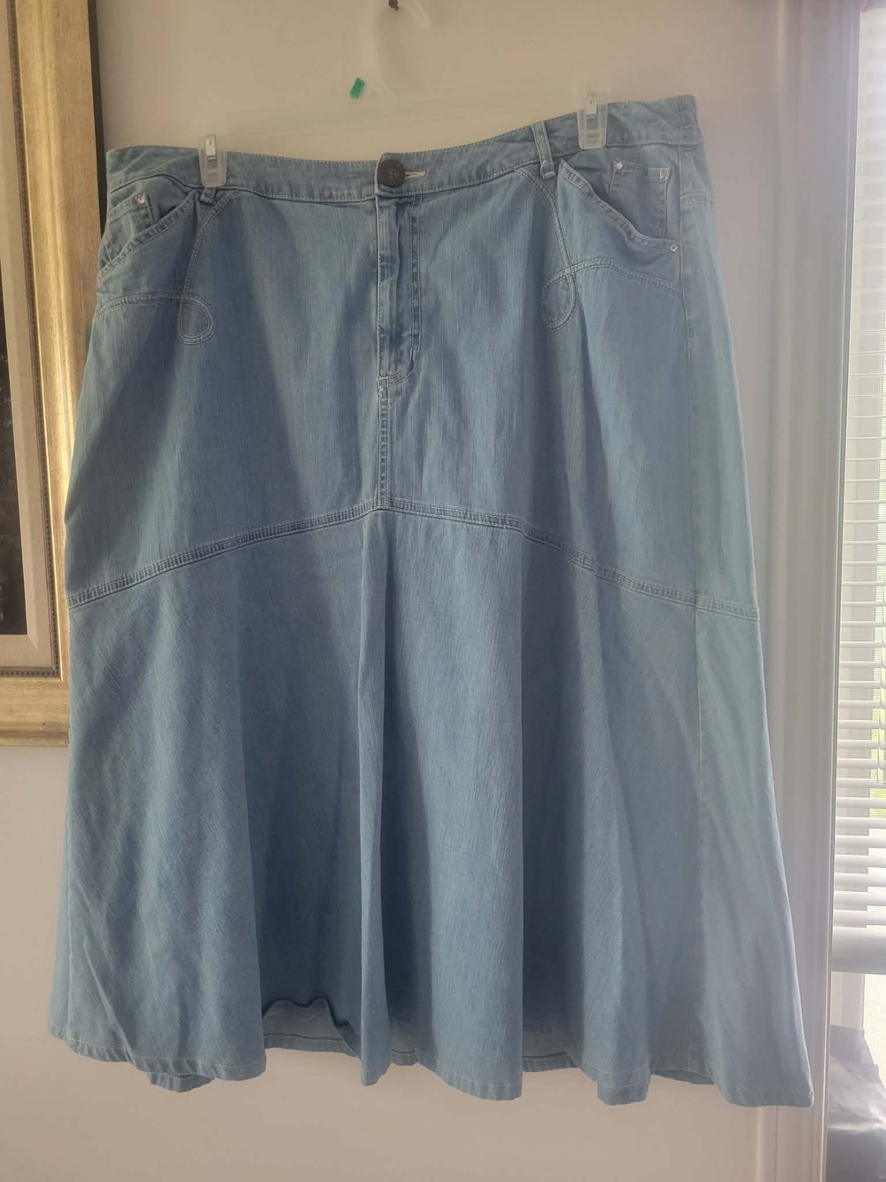 Light Wash Denim A-Line Midi Skirt - Casual Flared Style